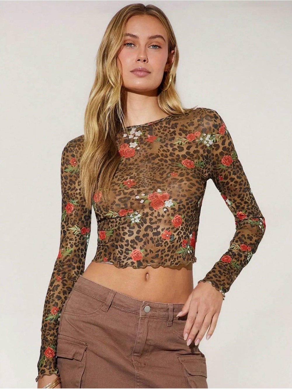 Brown Floral Leopard Mesh Long-Sleeve Layering Crop Top